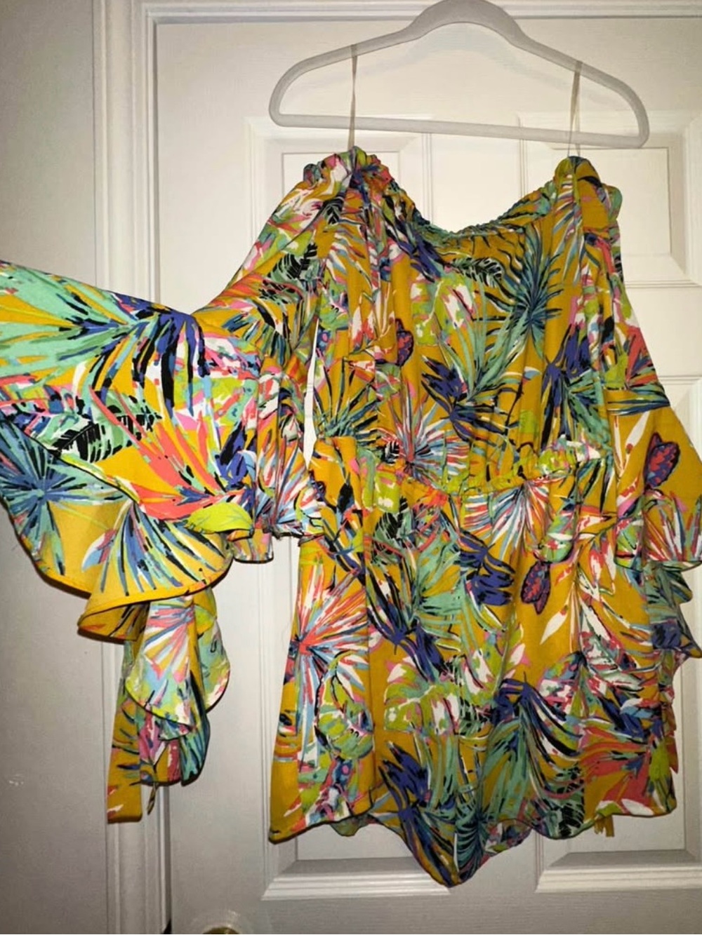 Truth Yellow Tropical Off-Shoulder Ruffle Romper - Picture 1 of 4